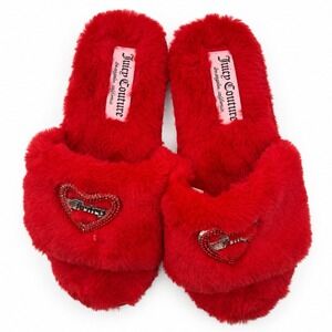 Juicy Couture Red Plush Fuzzy Slippers Heart Logo Size Small (5-6)